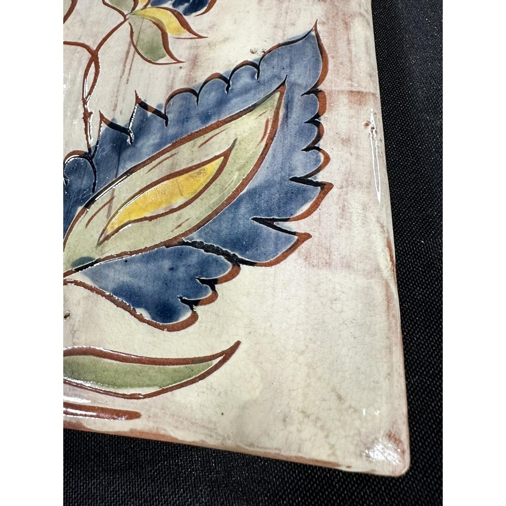 Vintage Welden Redware Tile Trivet PA Dutch Folk Art Floral Signed 6" - Picture 5 of 16